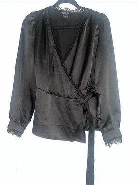 Rachel Zoe Black Satin Lace-Trim Wrap Top